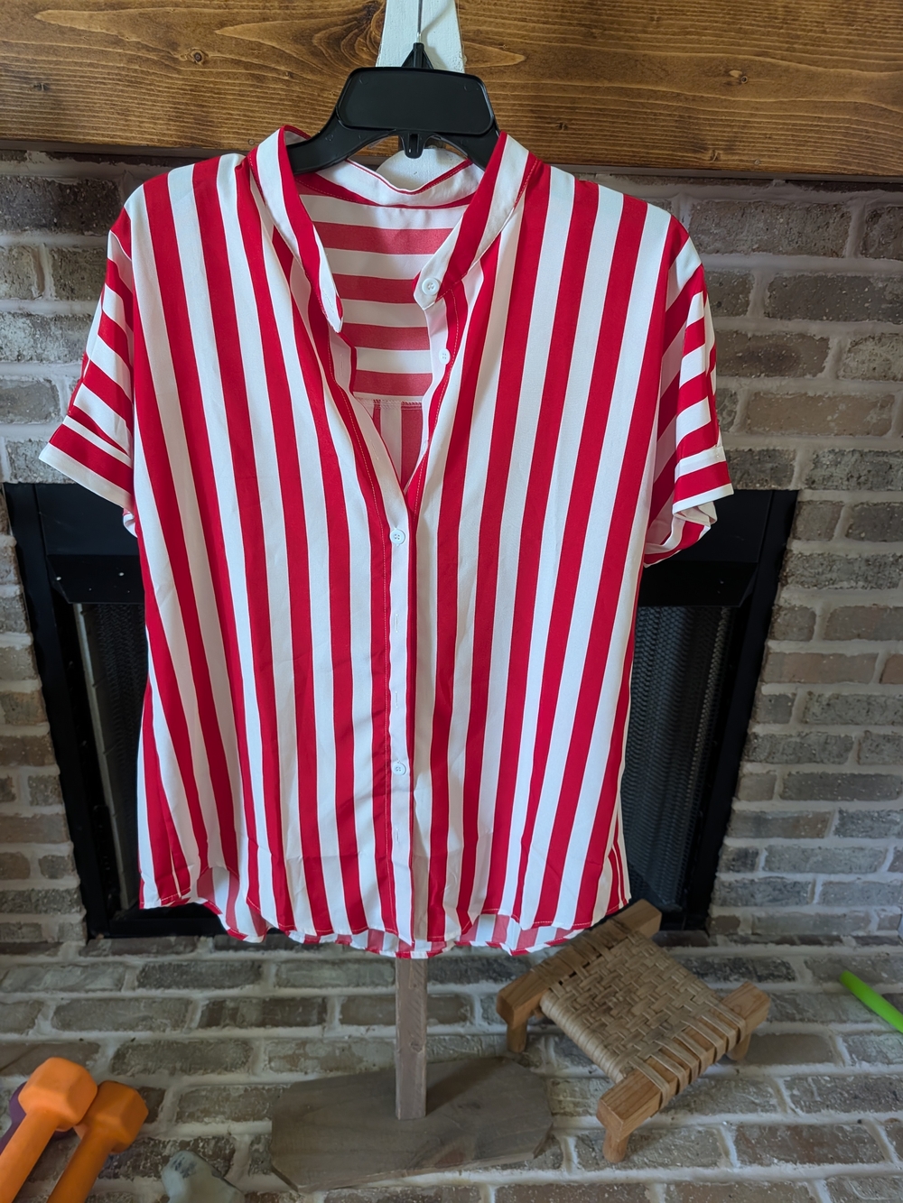 Red and White Striped Button-Front Women's Top
